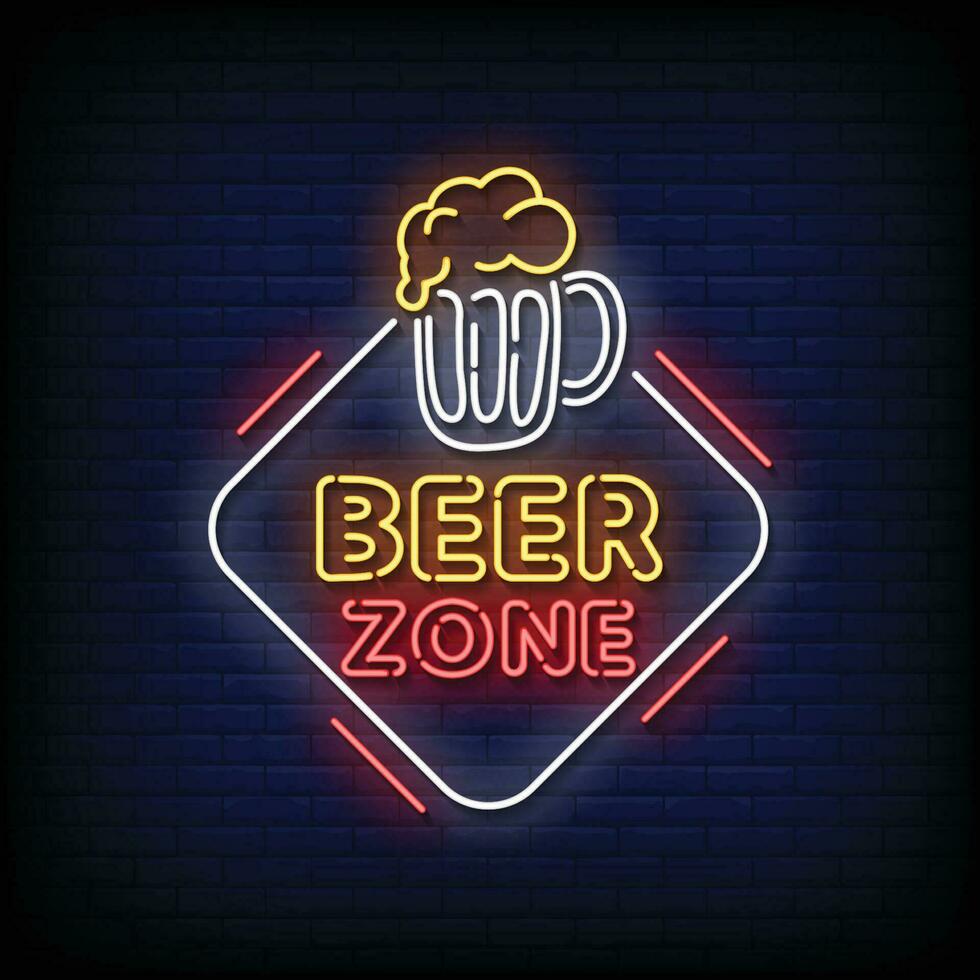 Neon Sign beer zone with brick wall background vector