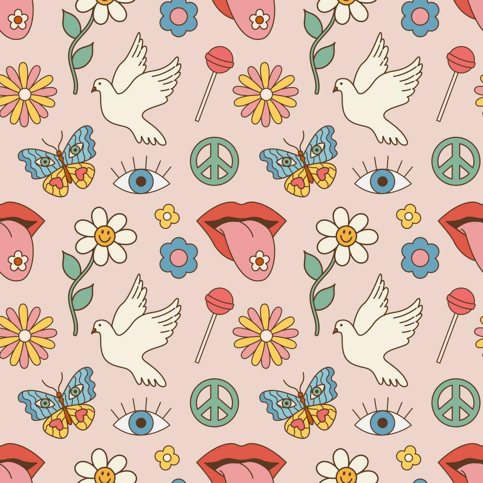 Groovy seamless pattern, flowers, butterfly. Retro hippie style, floral vector background of the 60s, 70s, 80s