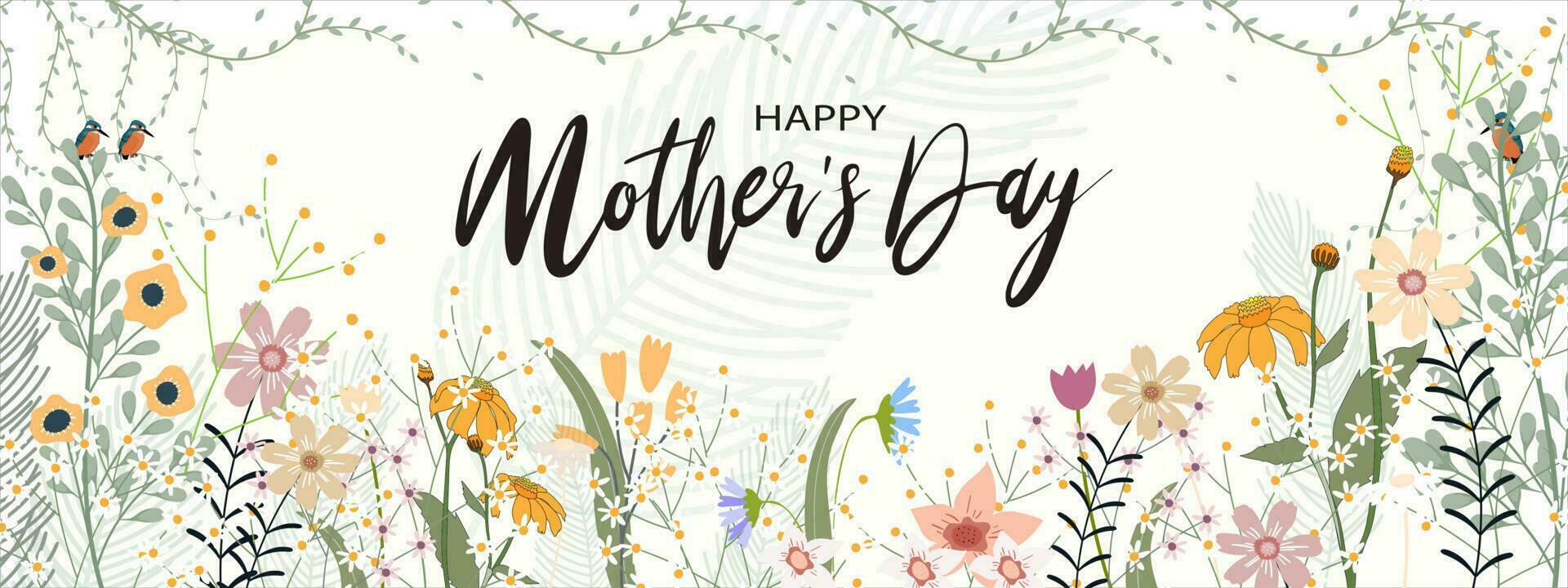 Mother's day banner with Spring flowers border on green mint pastel background, Vector illustration horizontal backdrop of cute blooming flora frame, Flat design of beautiful botanical