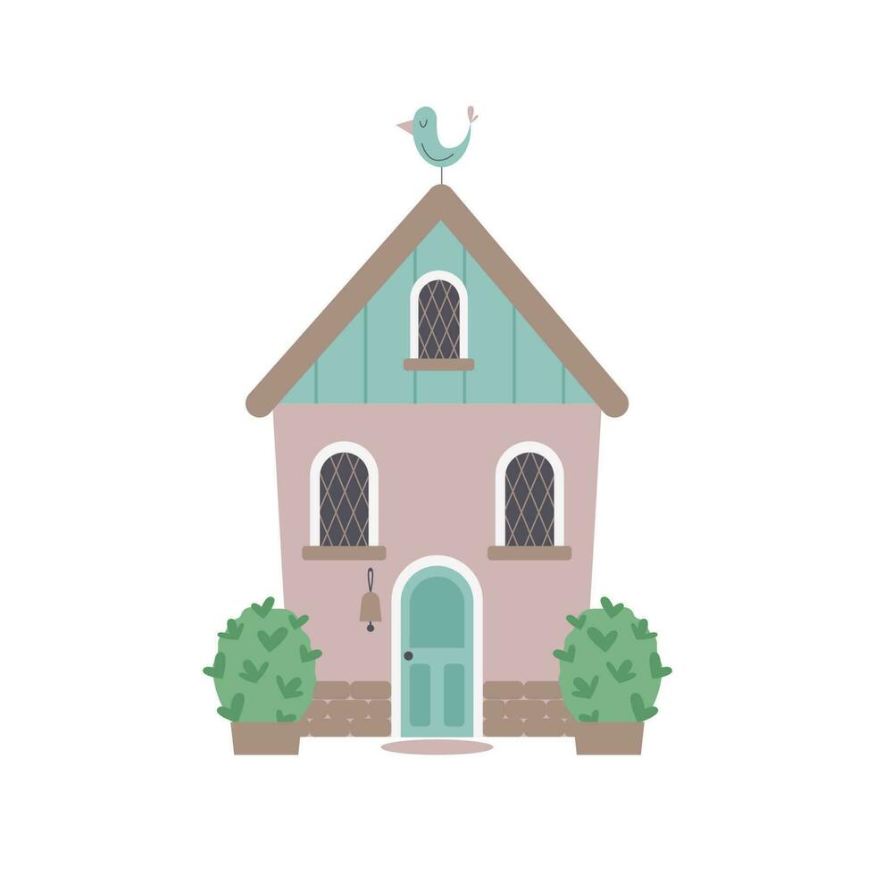 Cute house with bushes and bird on a top. Sweet home or welcome home concept. Vector flat illustration.
