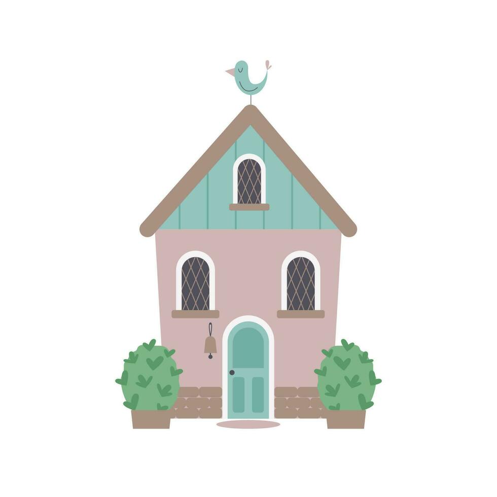 linda casa con arbustos y pájaro en un cima. dulce hogar o Bienvenido hogar concepto. vector plano ilustración.