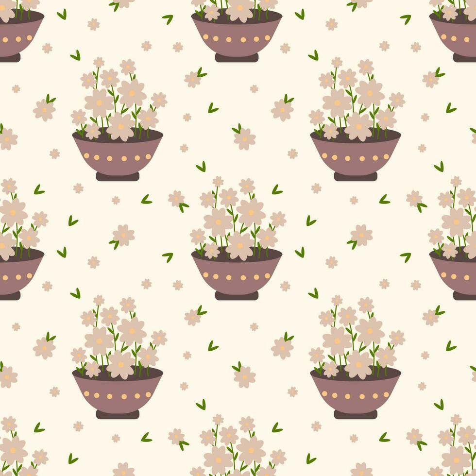 Seamless pastel flowes in pot vector pattern.