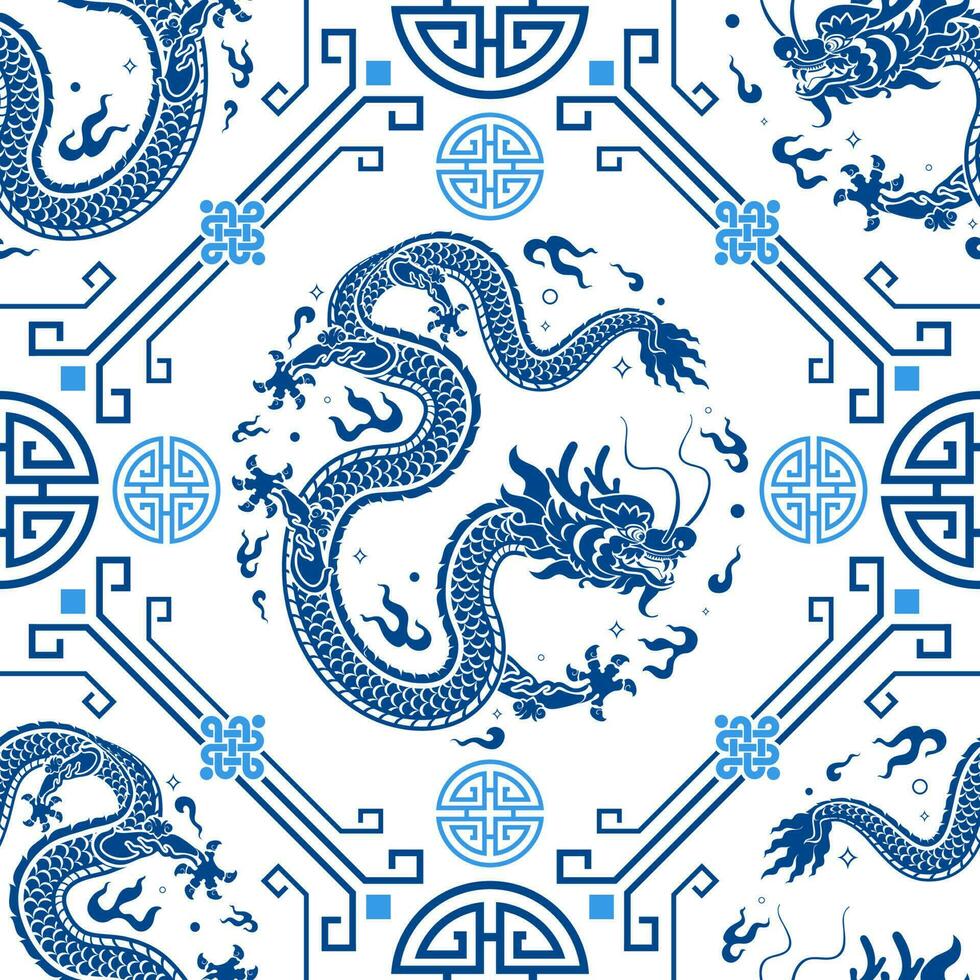 Seamless pattern happy chinese new year 2024 the dragon zodiac sign vector