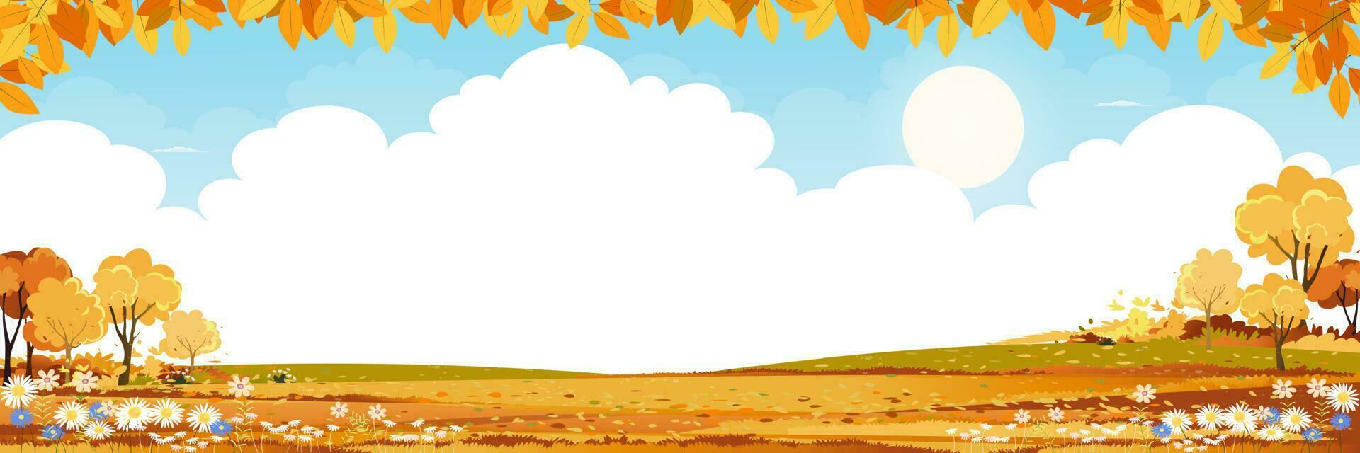 otoño campos paisaje con montaña, azul cielo, nube con Copiar espacio,panorama otoño rural naturaleza con rango follaje, dibujos animados vector ilustración bandera para acción de gracias o medio otoño festival antecedentes