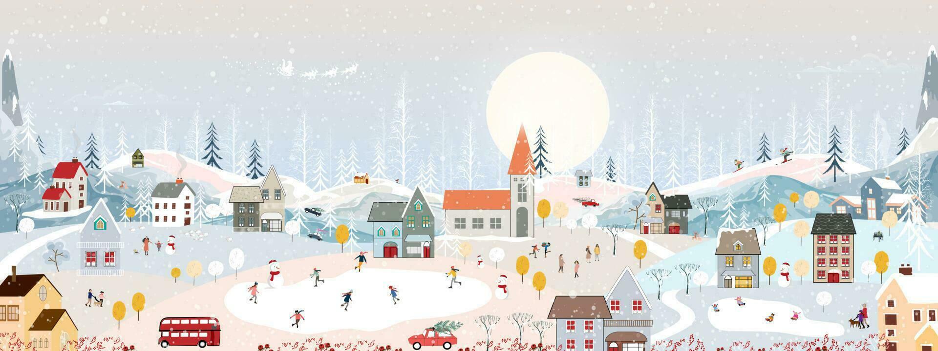 Winter wonderland landscape background at night with people having fun in the city on new year,Christmas day in village with people celebration, kids playing ice skate, teenager skiing on mountain vector