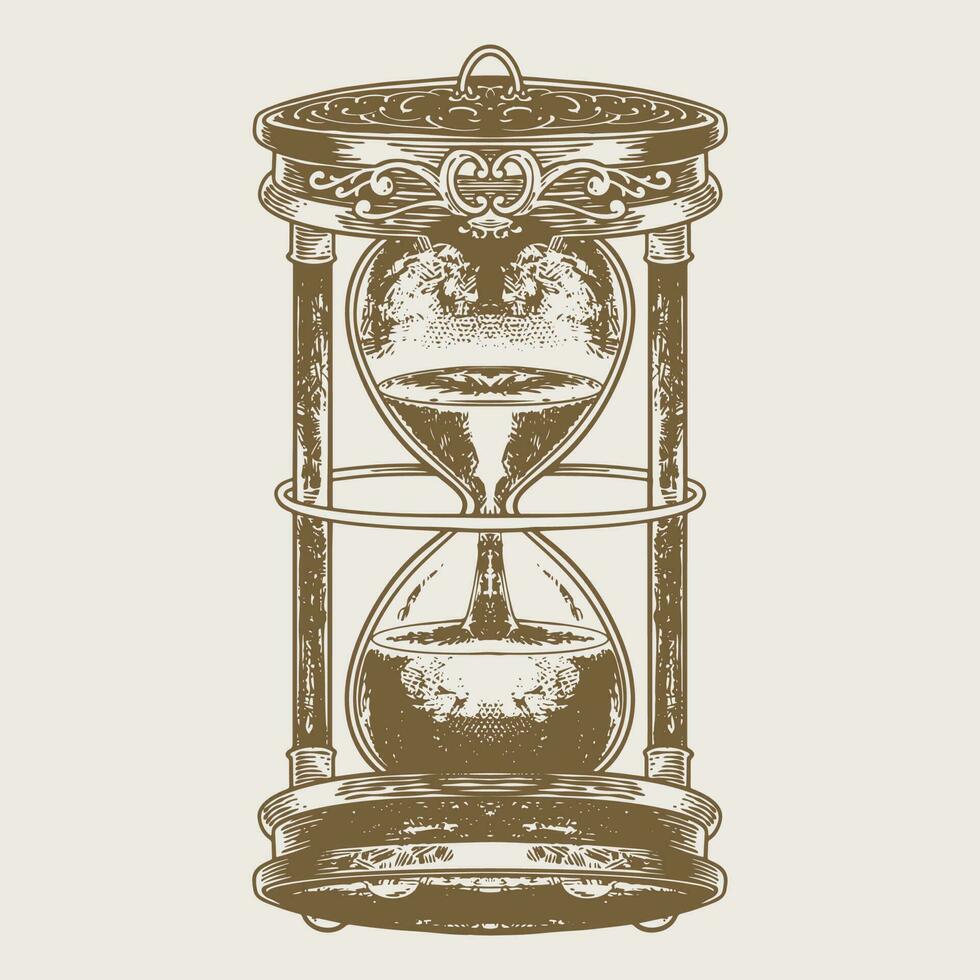 Hourglass engraving drawing, sandglass hand drawn vintage style vector