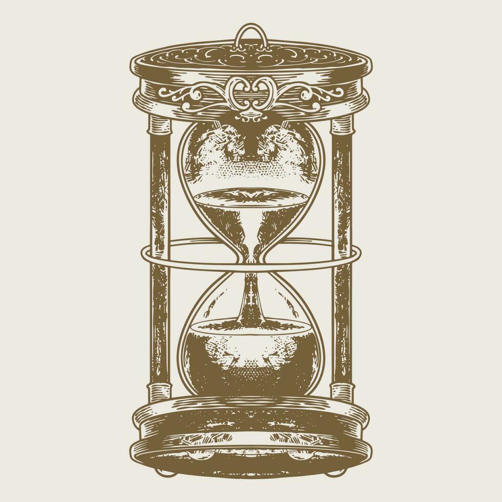 reloj de arena grabado dibujo, reloj de arena mano dibujado Clásico estilo vector