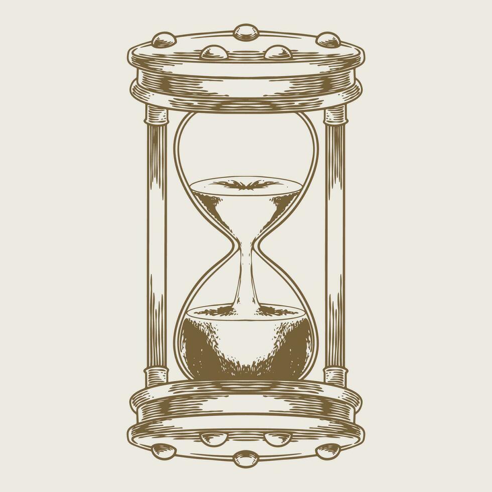 Hourglass engraving drawing, sandglass hand drawn vintage style vector