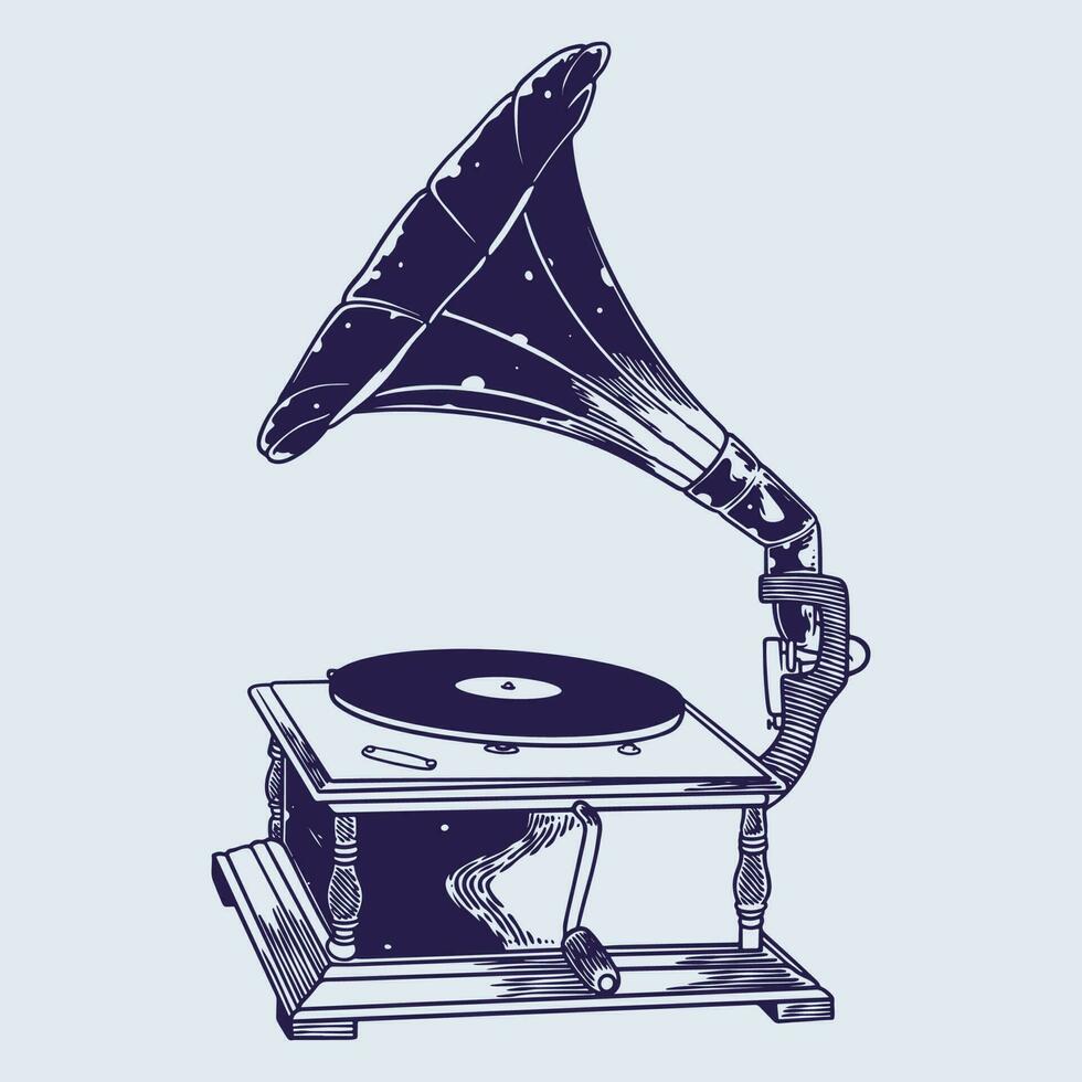 retro gramófono - Clásico música jugador en bronce mano dibujo bosquejo vector