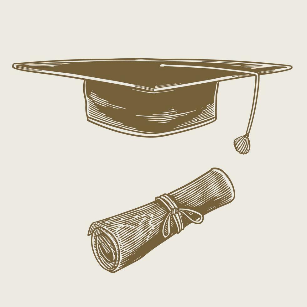 Graduation cap and rolled diploma vintage drawing vector