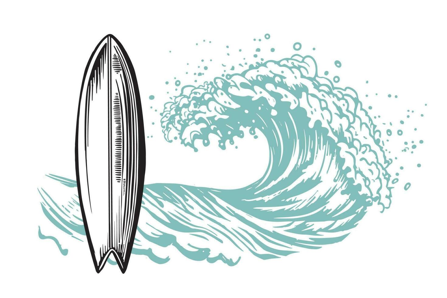 Wave and surfboard, hand drawn illustrations, vector. vector