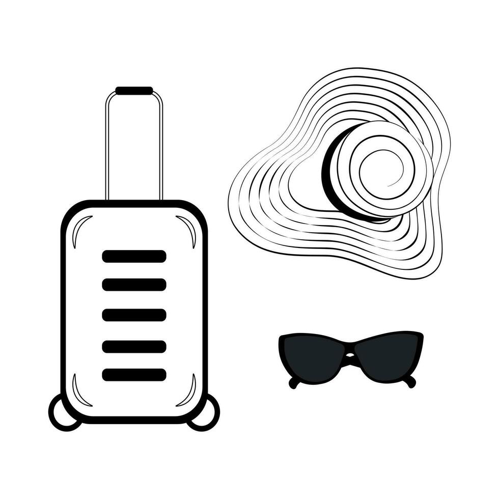 Set of contour drawing of a hat with wide brim and a strips around, sunglasses and travel suitcase vector