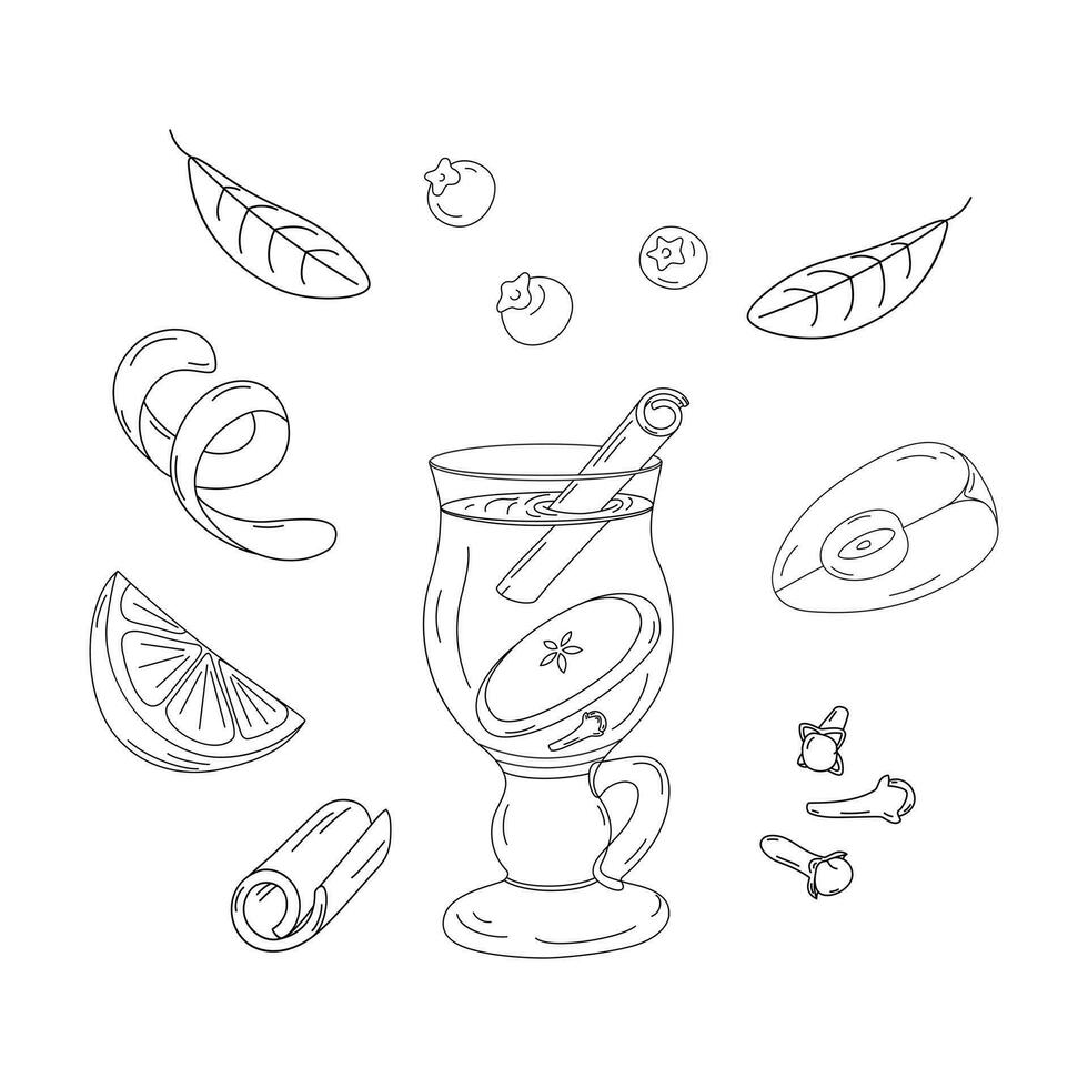 Set of Outline drawing of a glass cup with mulled wine, cinnamon stick, apple slice and cloves. EPS vector