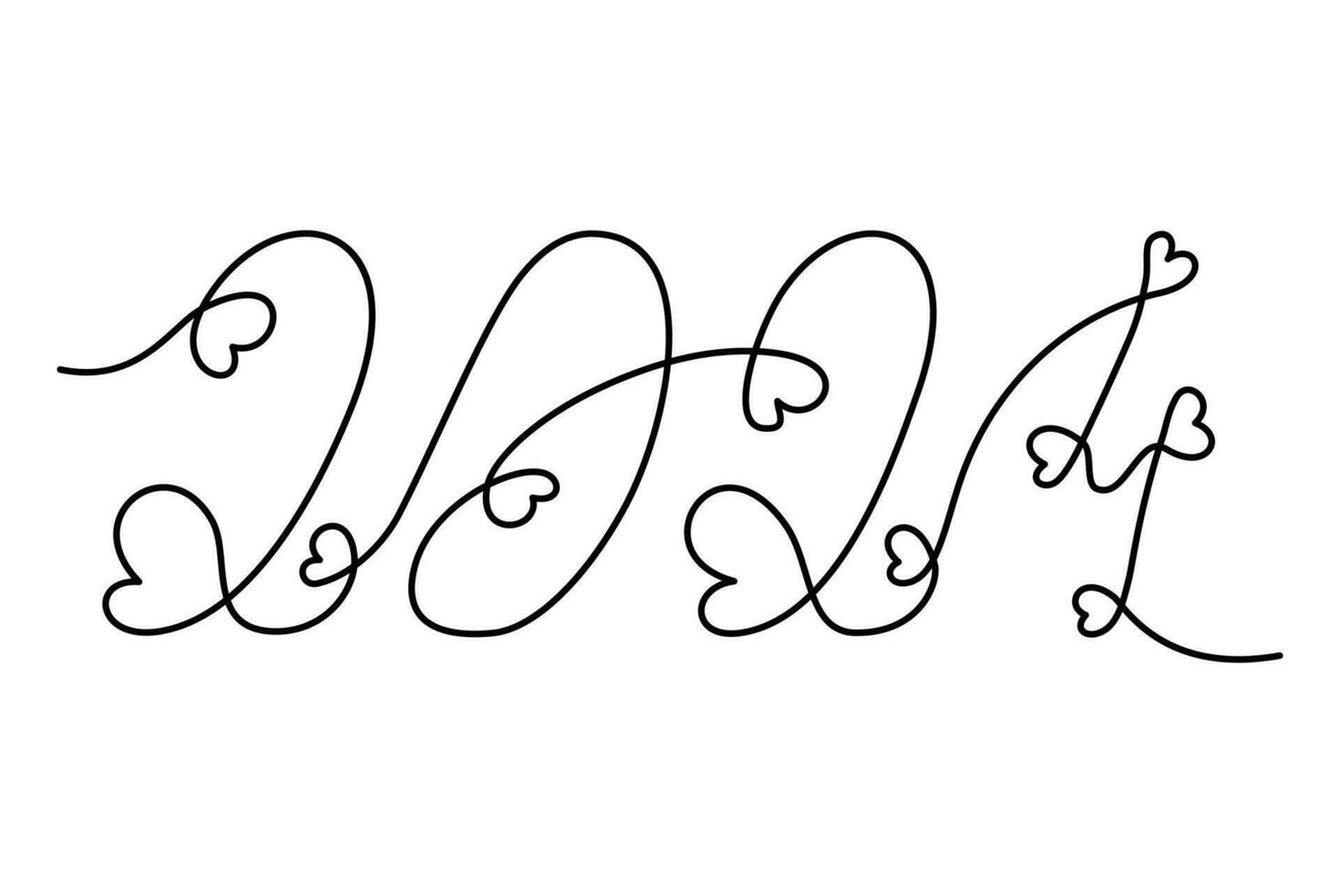 2024 Handwritten lettering in one solid line with hearts. Happy New Year. Line art. Isolate. Vector