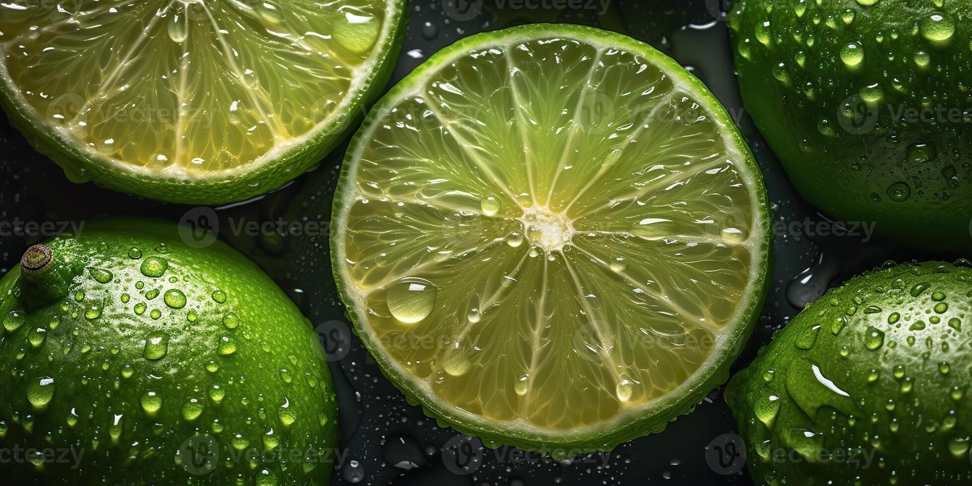. . Macro shot photography of slices limes green tropical fruits. Graphic Art photo
