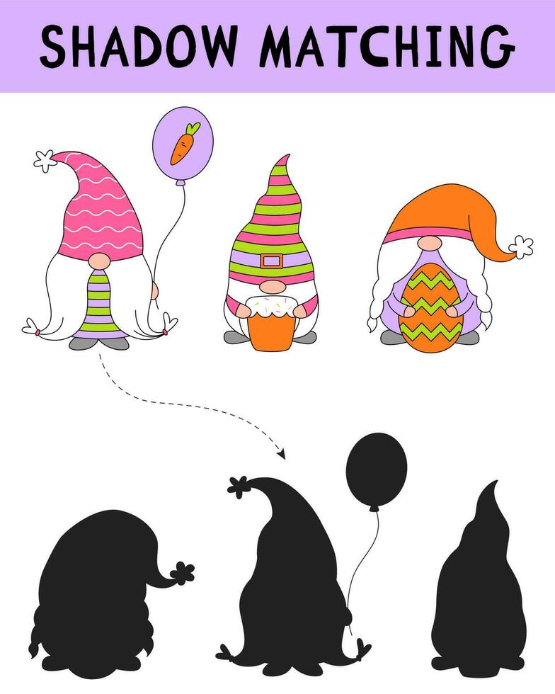 Cute Easter gnomes shadow matching activity for children. Simple educational game for kids with leaves. Find the correct silhouette printable worksheet. Vector doodle cartoon illustration.