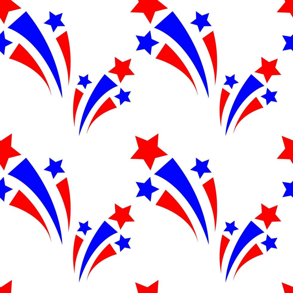 Seamless pattern with cute fireworks on a white background. American Independence Day, 4th july celebration. It can be used for packaging, wrapping paper, textile and etc. Vector cartoon illustration.