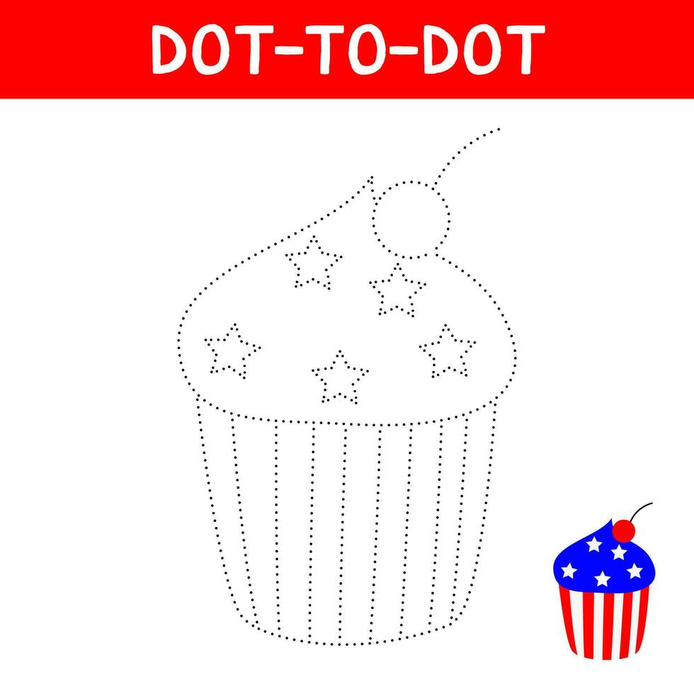 Connect the dots and draw cute cupcakes. American Independence Day. 4th july celebration. Educational game for kids. Vector cartoon illustration.