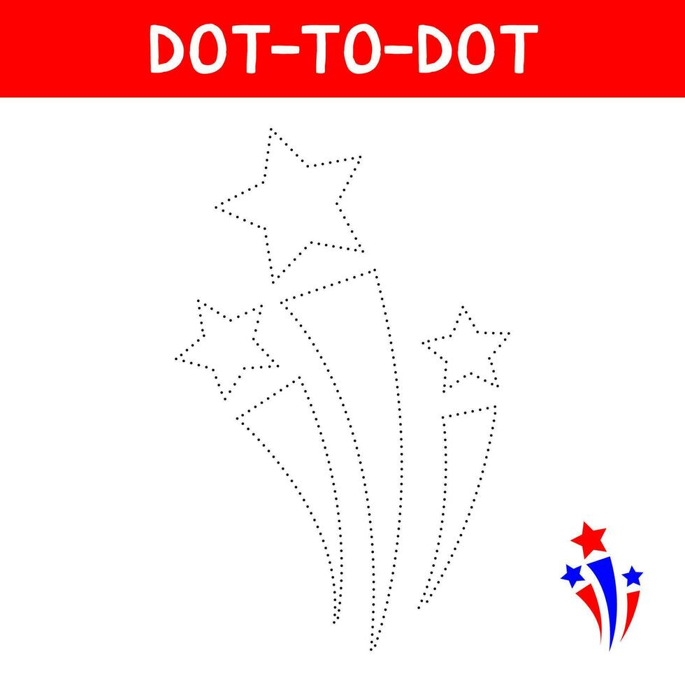 Connect the dots and draw fireworks. American Independence Day. 4th july celebration. Educational game for kids. Vector cartoon illustration.