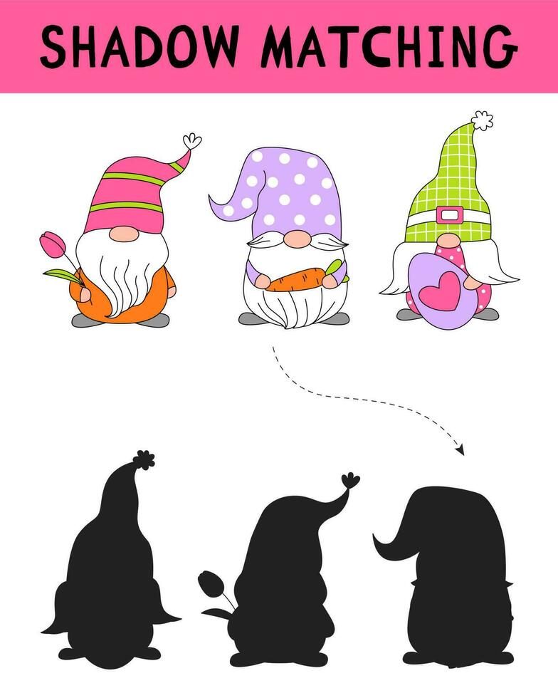 Cute Easter gnomes shadow matching activity for children. Simple educational game for kids with leaves. Find the correct silhouette printable worksheet. Vector doodle cartoon illustration.