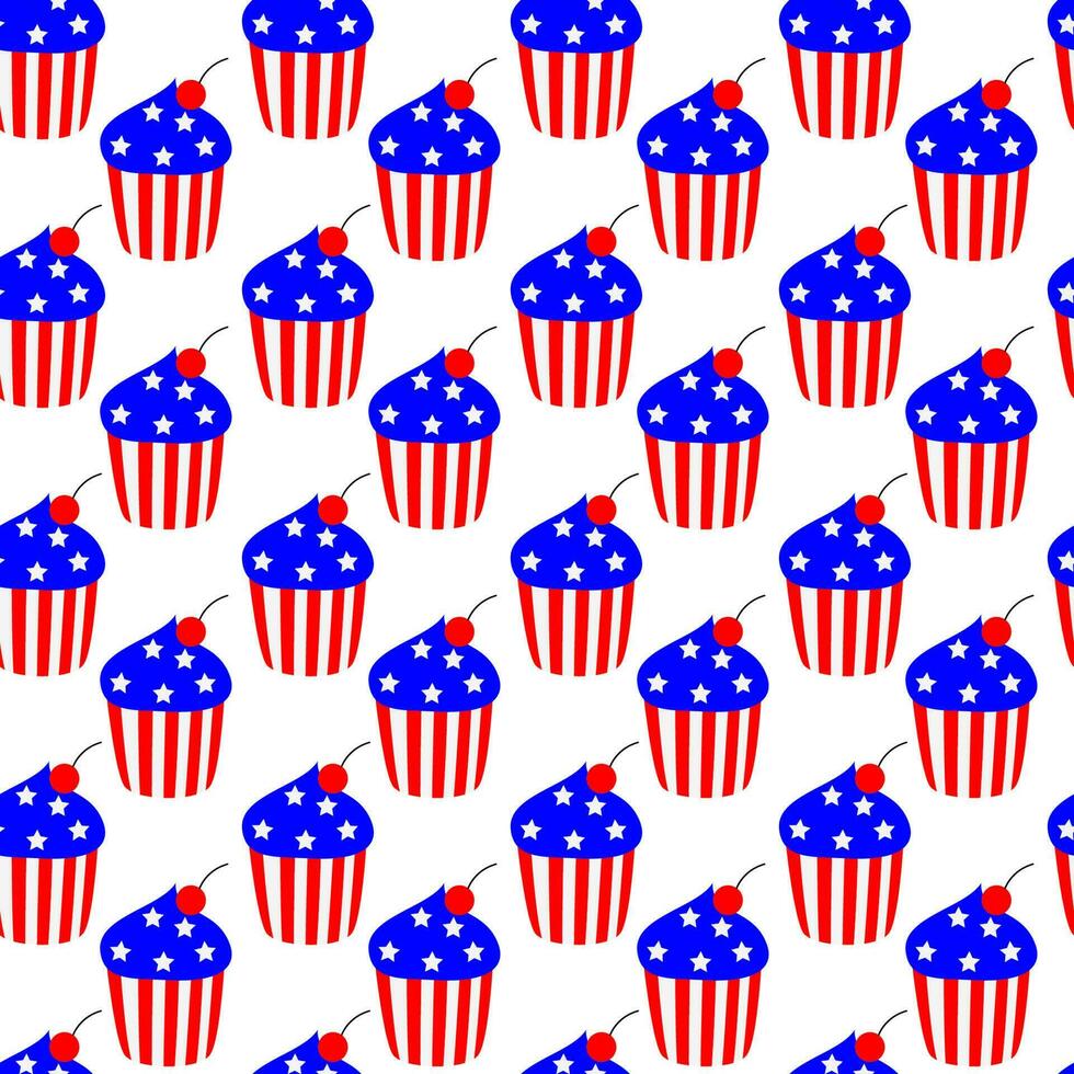 Seamless pattern with cute cupcake on a white background. American Independence Day, 4th july celebration. It can be used for packaging, wrapping paper, textile and etc. Vector cartoon illustration.