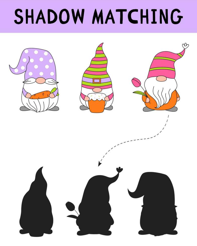 Cute Easter gnomes shadow matching activity for children. Simple educational game for kids with leaves. Find the correct silhouette printable worksheet. Vector doodle cartoon illustration.