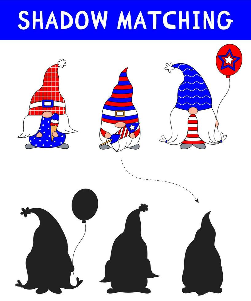 Cute gnomes for American Independence Day. shadow matching activity for children. Simple educational game for kids with leaves. Find the correct silhouette printable worksheet. vector