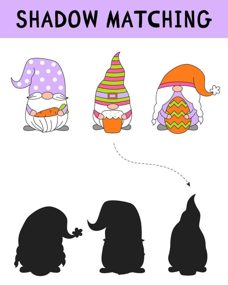 Cute Easter gnomes shadow matching activity for children. Simple educational game for kids with leaves. Find the correct silhouette printable worksheet. Vector doodle cartoon illustration.