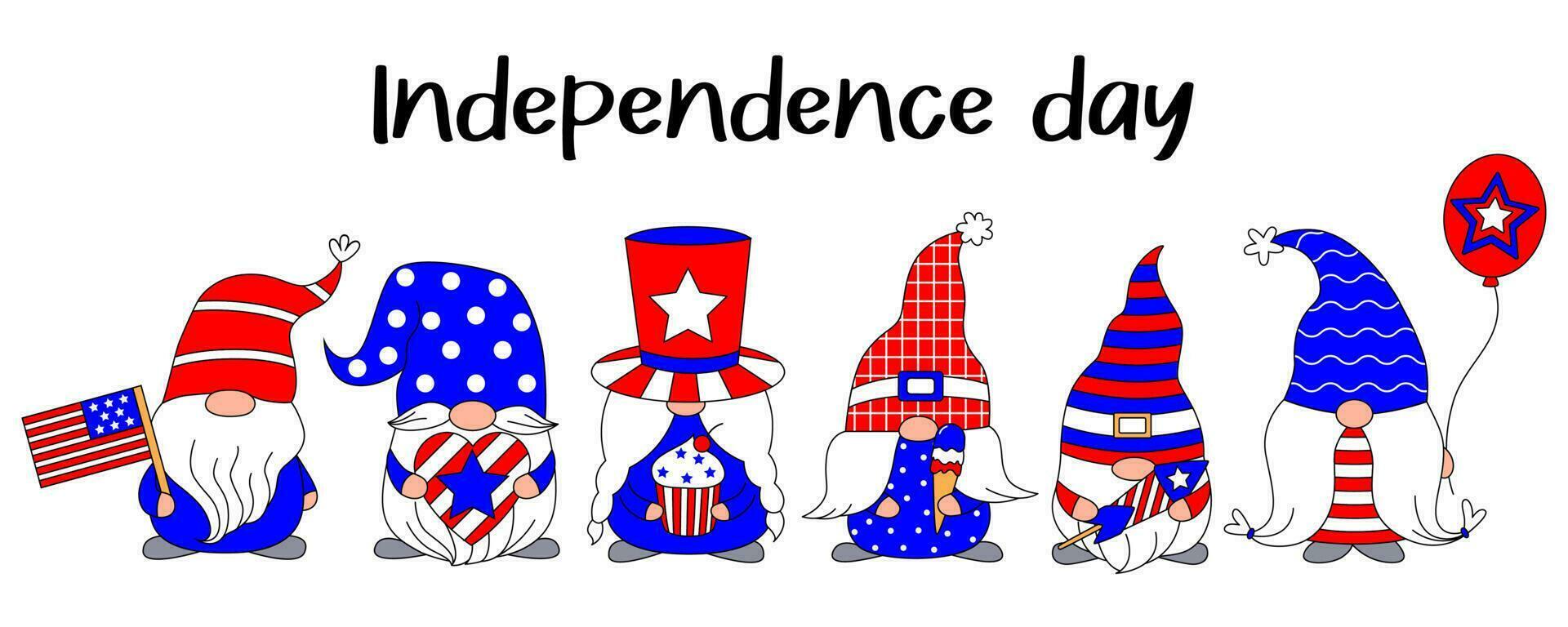 Set cute gnomes with 4th july celebration elements for American Independence Day. Doodle cartoon style. Vector draw illustration for greeting card, poster, banner, stickers, invitation.