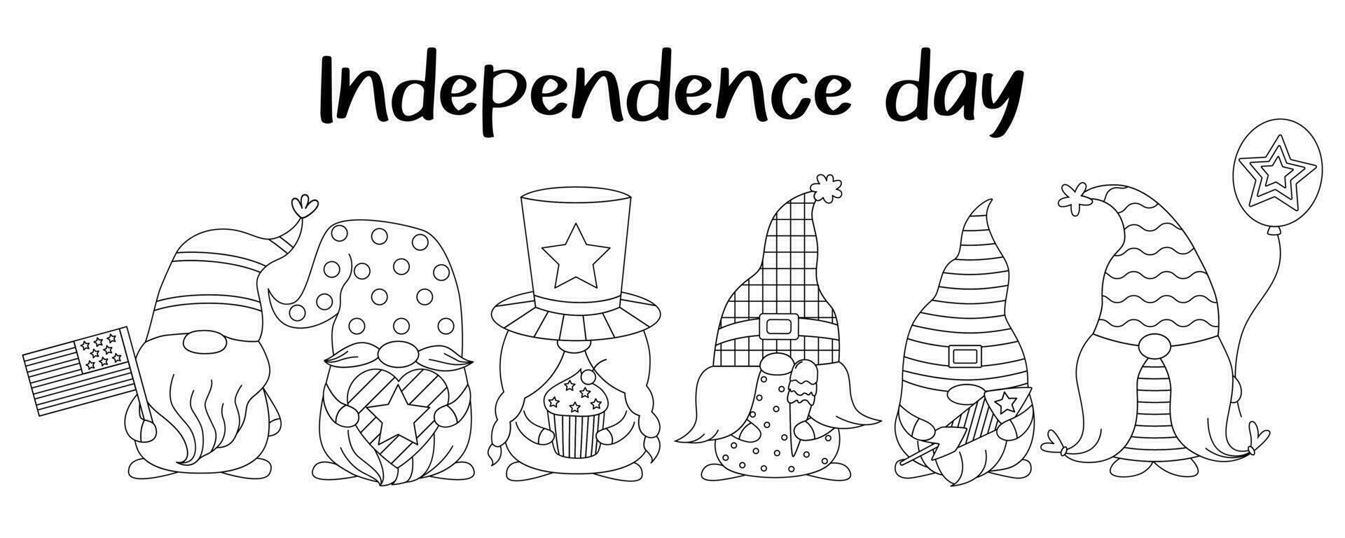 Set cute gnomes with 4th july celebration elements for American Independence Day. Doodle cartoon style. Hand drawn outline. vector