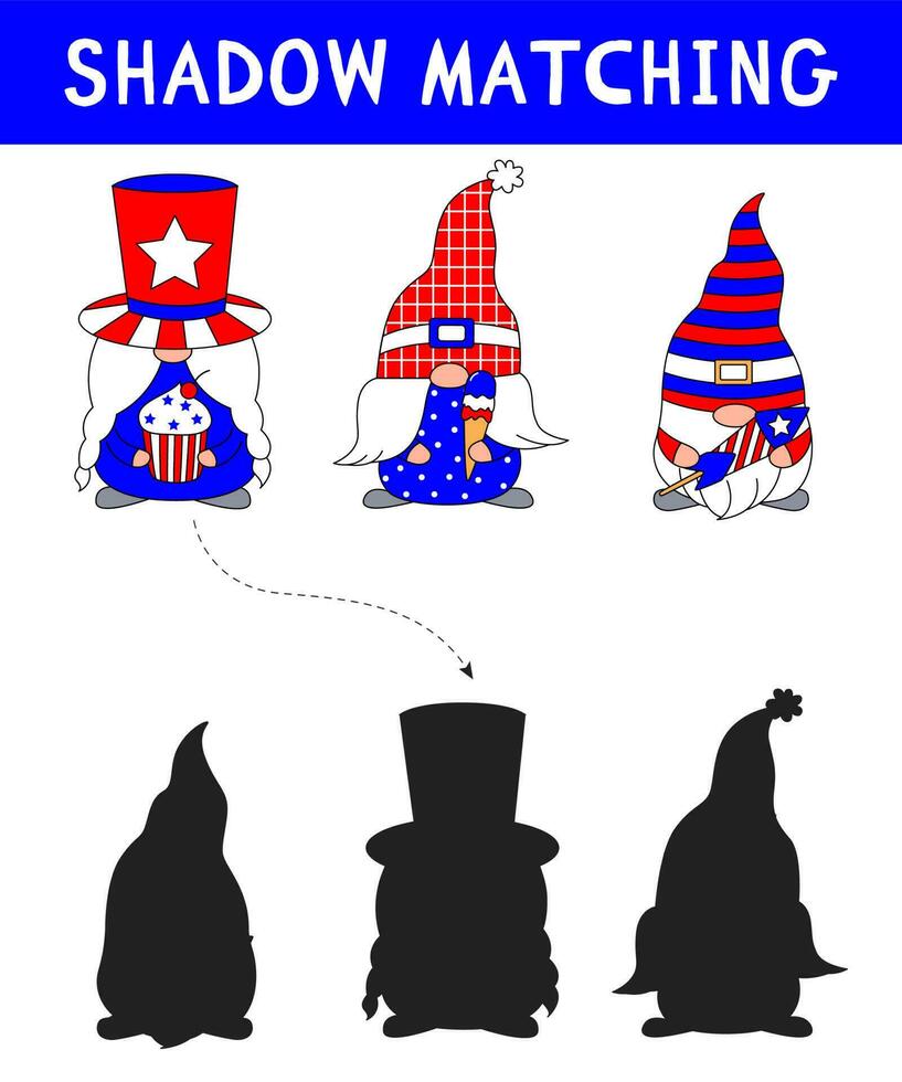 Cute gnomes for American Independence Day. shadow matching activity for children. Simple educational game for kids with leaves. Find the correct silhouette printable worksheet. vector