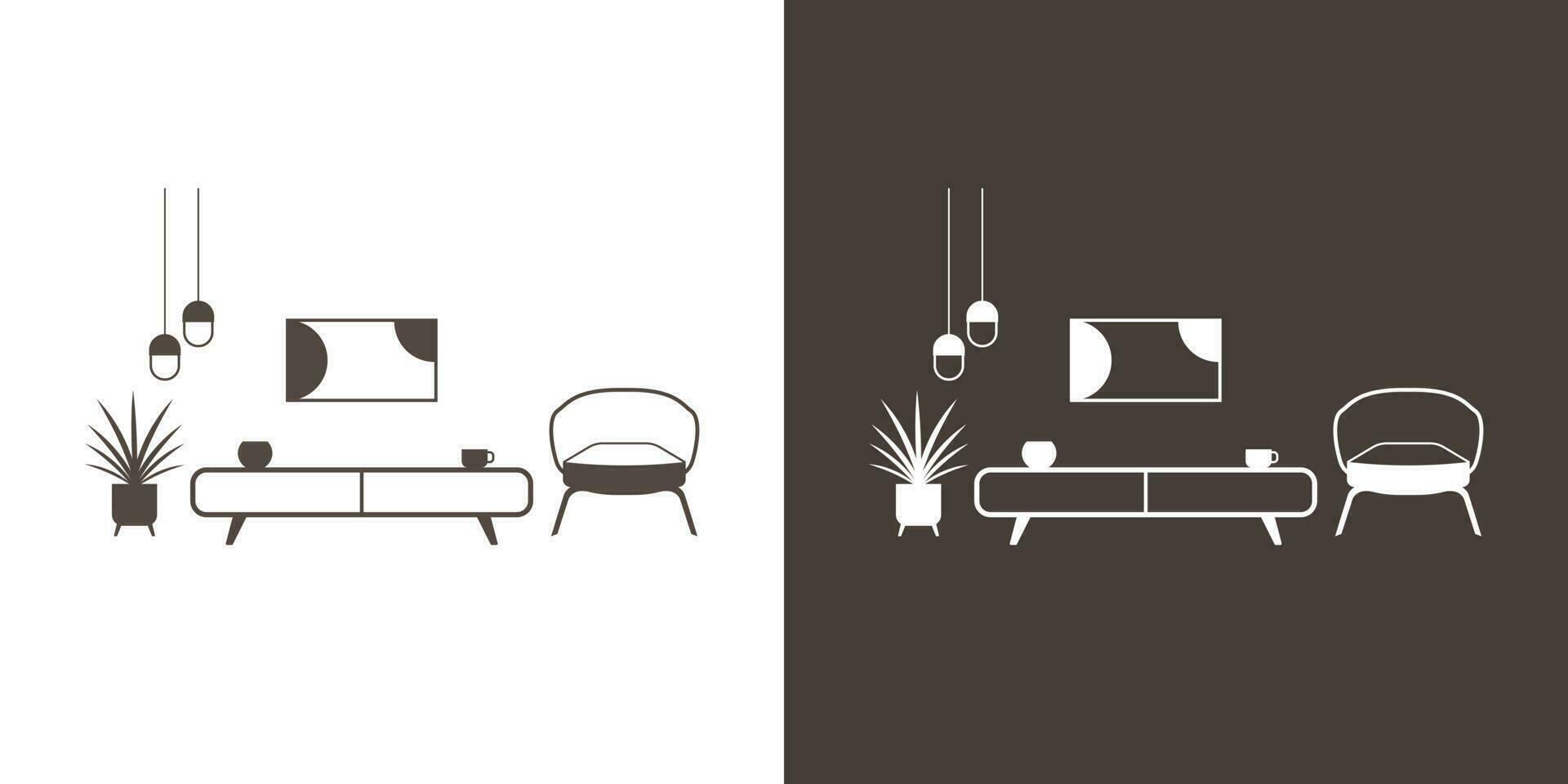 Living room furniture icon. Black and white style. Interior vector icon