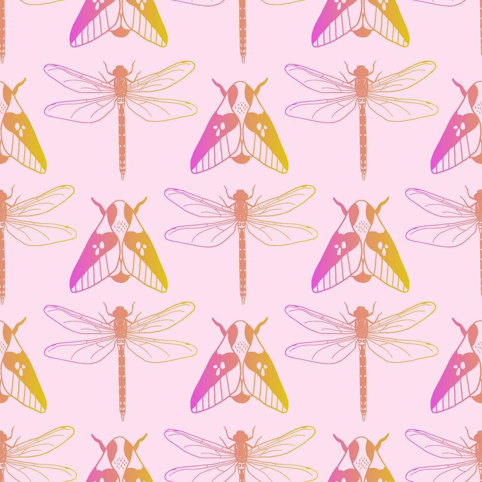 Seamless pattern with dragonfly and moth in pink and yellow gradient colors. Bright insects summer design for fabric, textile, wrapping paper, cover vector