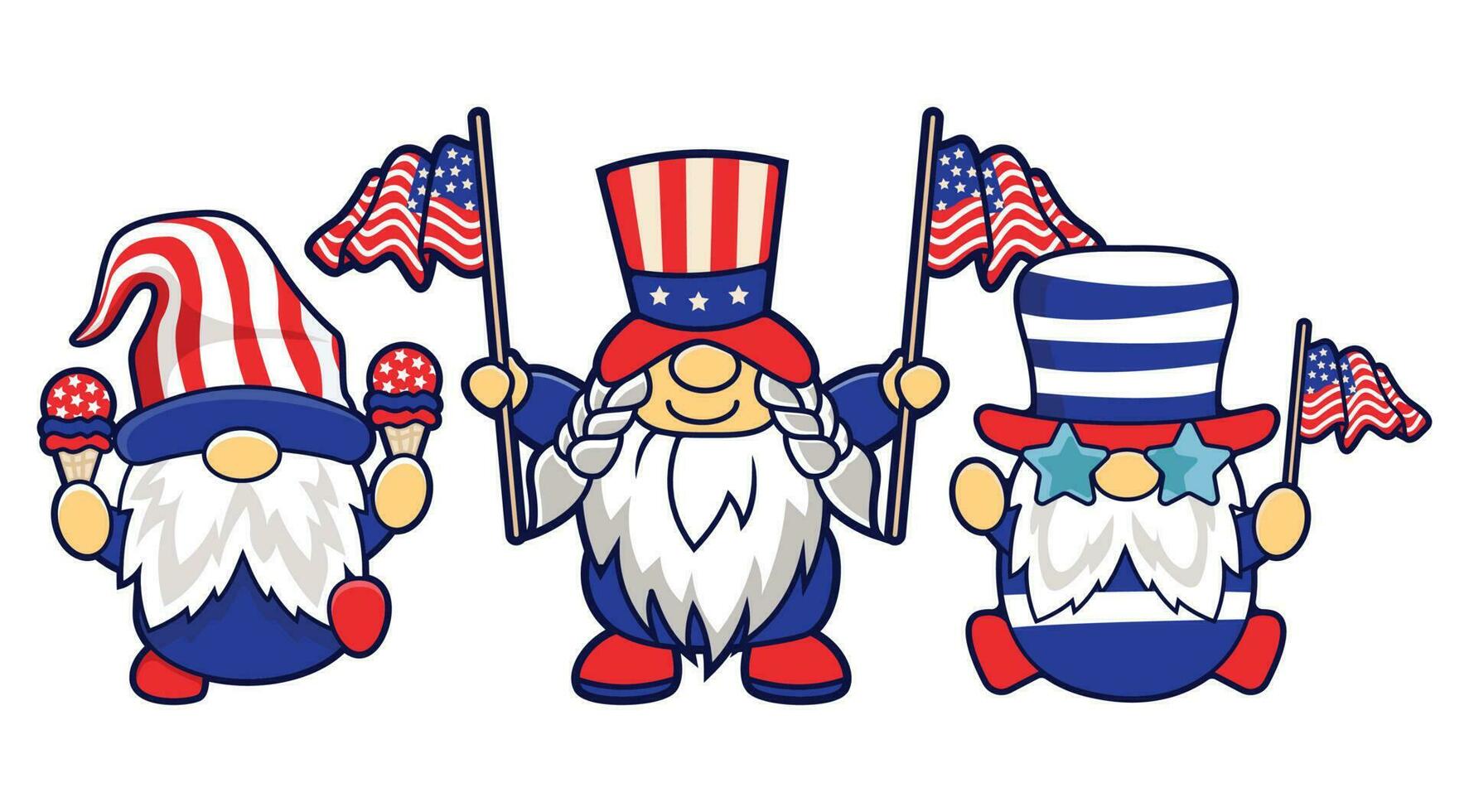 conjunto de gracioso gnomos en America independencia día disfraz carnaval. vector