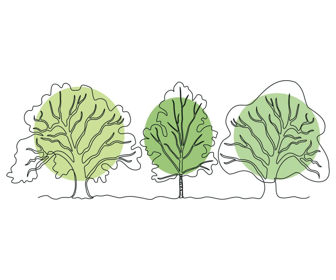 abstract sprawling branching three trees in a row, a forest of oak and birch Continuous One Line Drawing vector