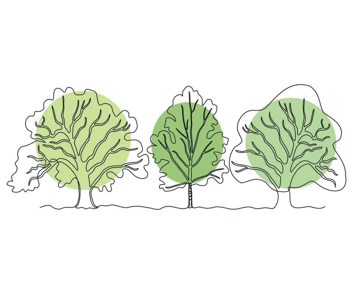 resumen desmadejado derivación Tres arboles en un fila, un bosque de roble y abedul continuo uno línea dibujo vector