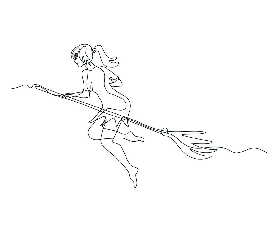 abstract Young Witch Flying on a broom to the Sabbath Continuous One Line Drawing vector