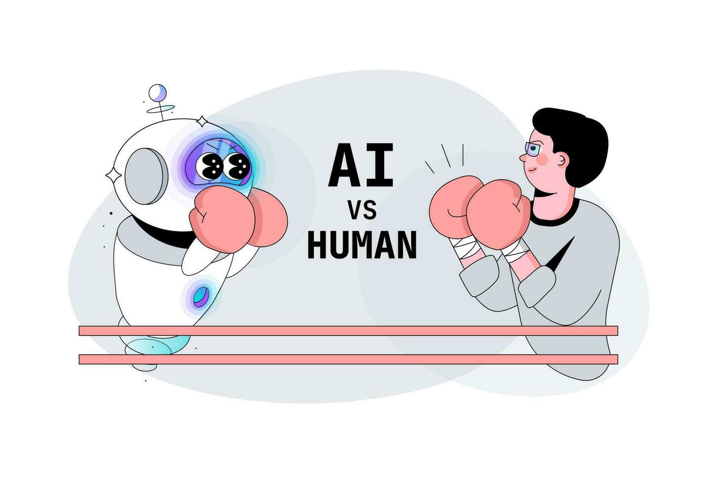 Ai vs human. Artificial Intelligence Robot versus human fight in the ring. Boxing. Chatbot in boxing gloves fighting against a human vector