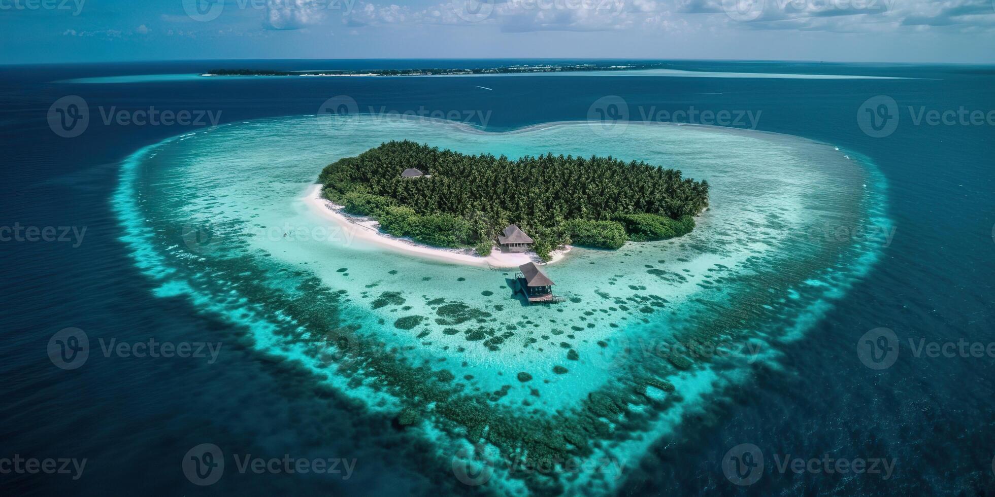 . . Aerial drone photo realistic illustration of island maldives in heart shape. Paradise adventure vacation tropical vibe. Graphic Art