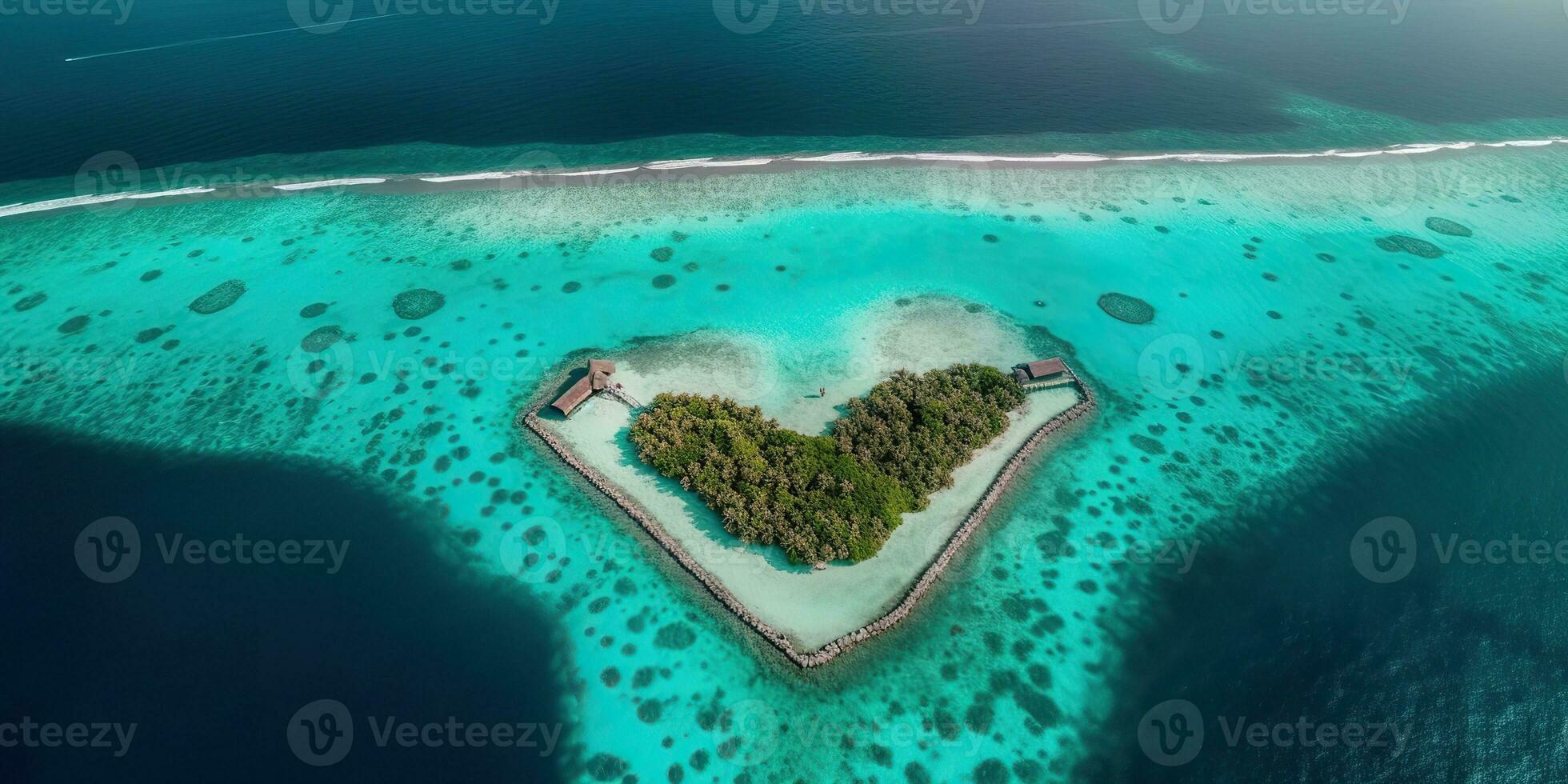 AI Generated. AI Generative. Aerial drone photo realistic illustration of island maldives in heart shape. Paradise adventure vacation tropical vibe. Graphic Art