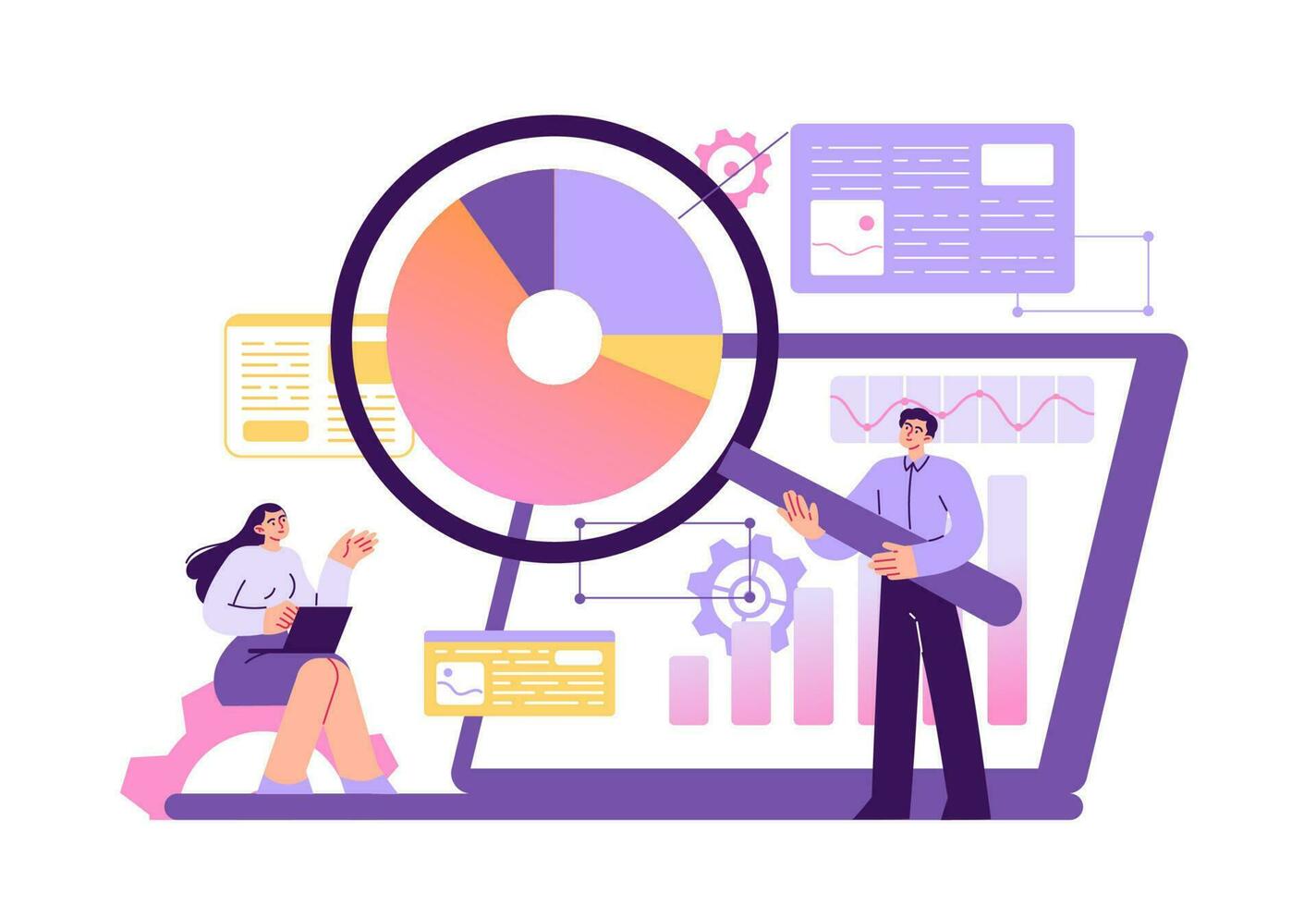 Information technology, workers analyze data vector