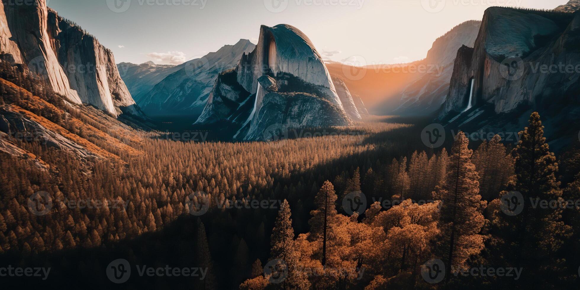 . . Photo realistic illustration of usa american Yosemite national park in the evening morning. Adventure explore vibe. Graphic Art