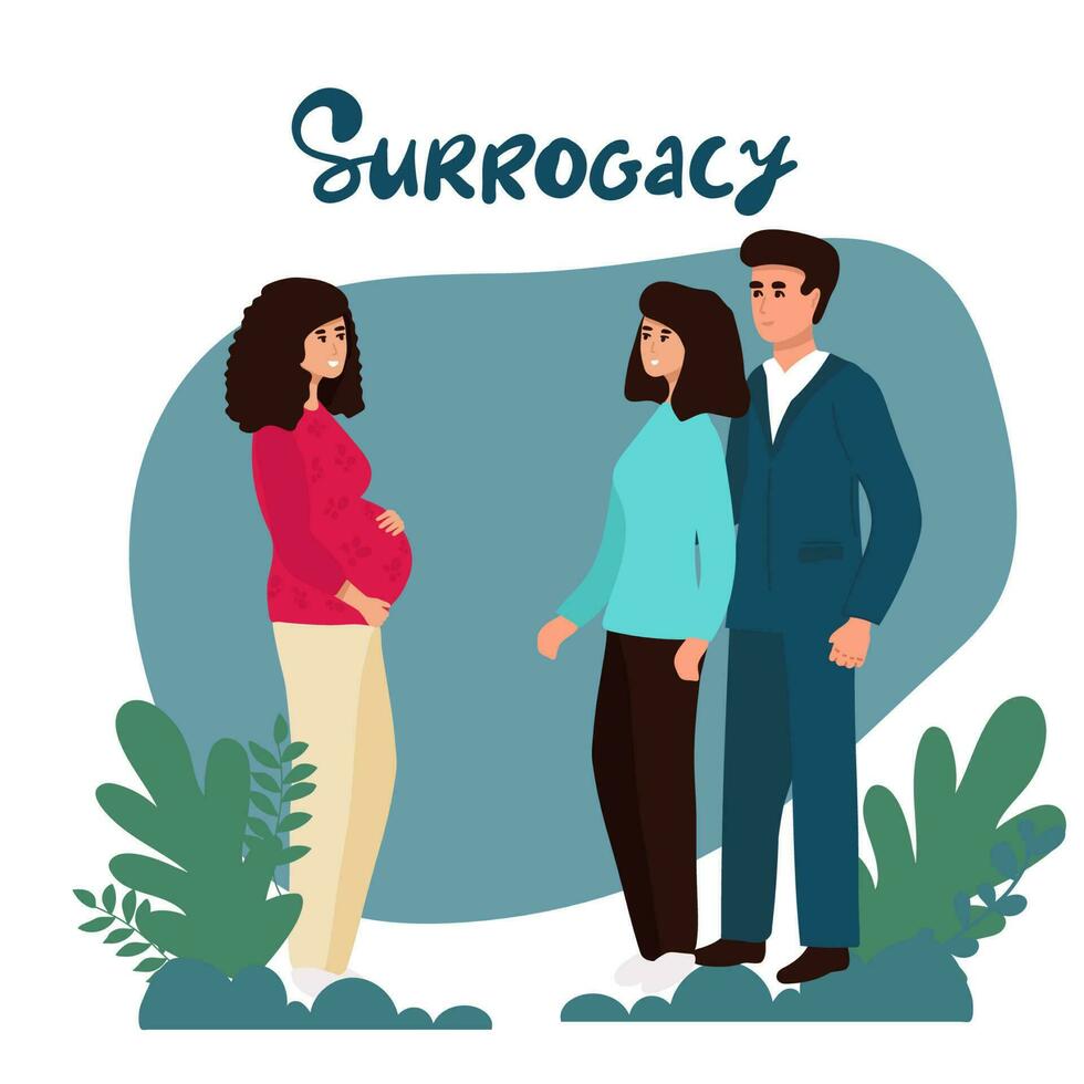 Pareja con sustituto embarazada mujer. vector ilustración plano dibujos animados estilo con mano dibujado letras. adoptivo padres. subrogación eps10