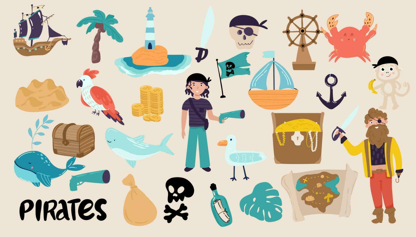 Collection of adorable pirates, sail ship, mermaids, sea fish and underwater creatures, treasure chest, lighthouse isolated on white background. Childish vector illustration in flat cartoon style.
