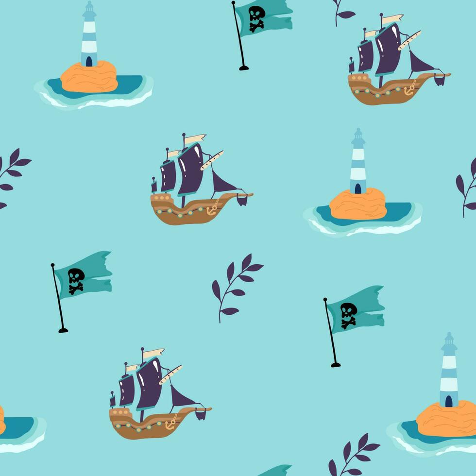 Pirate sea flat vector seamless pattern. Sailing backdrop. Anchor, map, compass, spyglass, bottle with rum and steering wheel on white background. Black pirate flag with crossed bones texture.