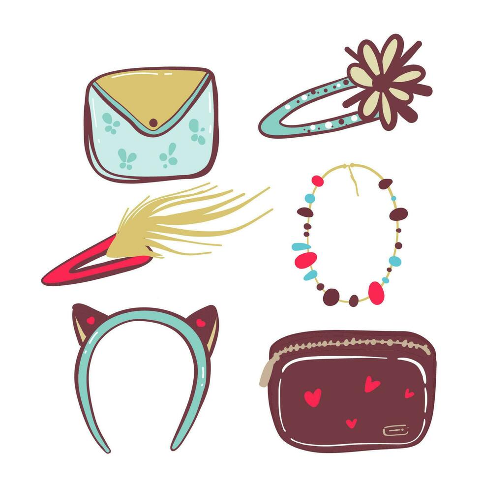 Cute girl s elements background. Wallet Diamond, hair, flower, varnish, clip, cosmetic, bag hair hoop vector