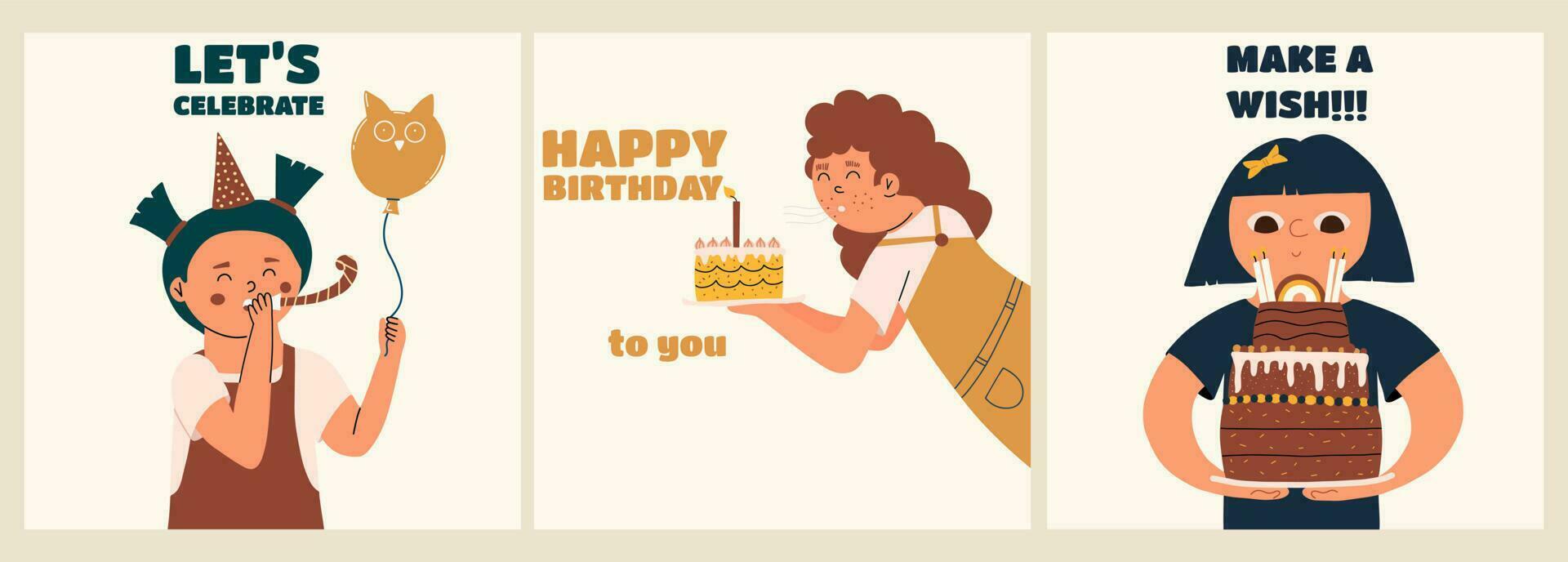 Set of birthday greeting cards with little kids. Vector illustration in hand drawn style