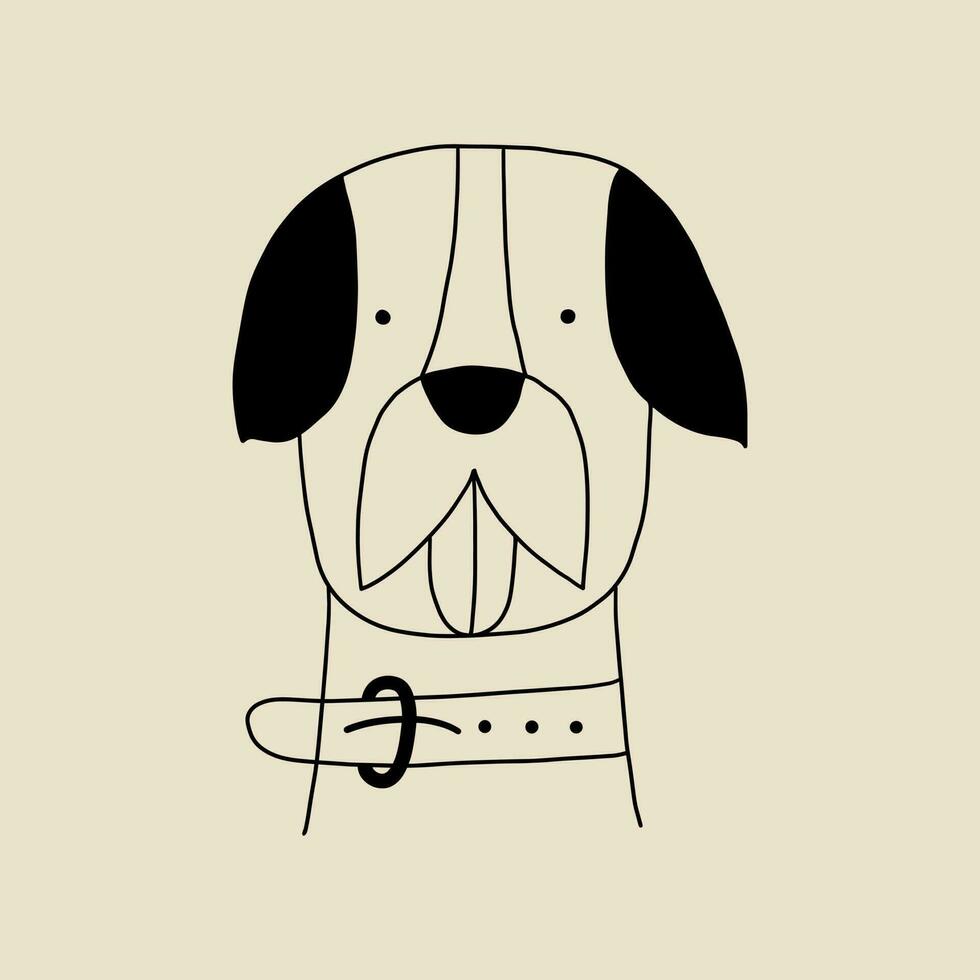 Funny portrait of a dog in doodle style with his tongue hanging out and a collar. Vector illustration