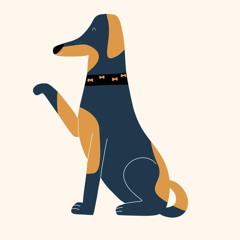 The dog sits and gives a paw. Vector illustration in hand drawn style