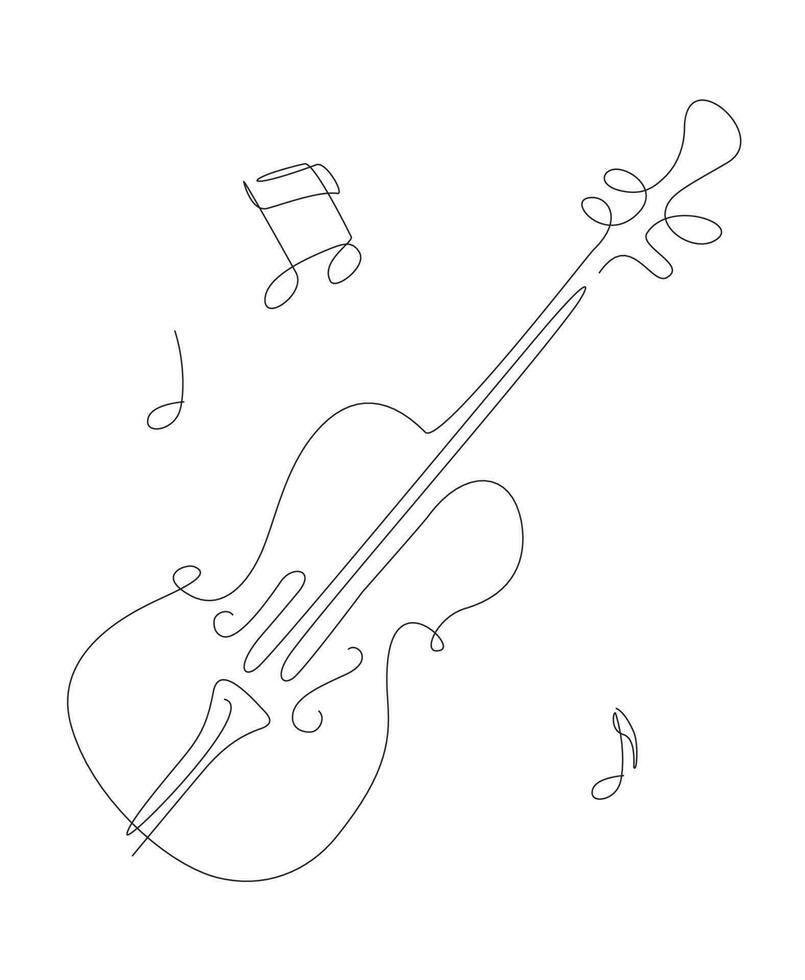 Music instruments one line set illustration with notes. Jazz and rock music band instrument line art. Guitar and violin icons vector design.
